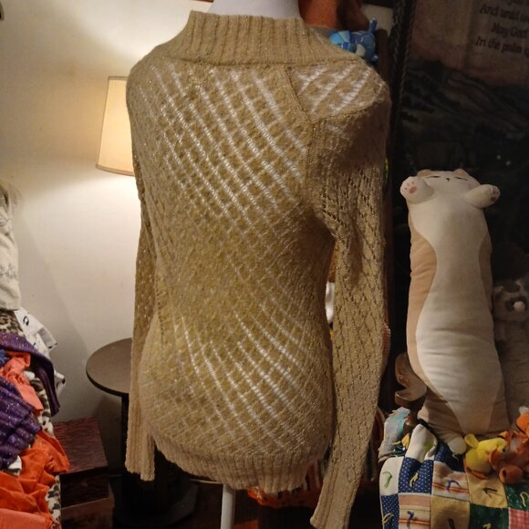 Ann Taylor Loft Women's Size Small Cream Gold Long Sleeve Deep V Neck Sweater - Picture 8 of 13